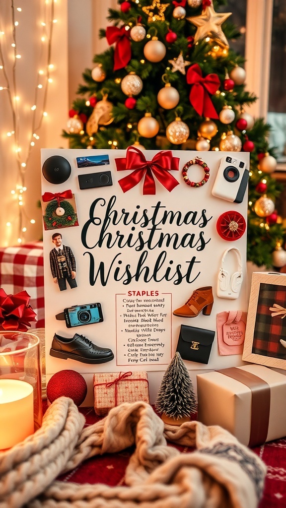 A colorful Christmas wishlist with tech gadgets, home essentials, and accessories on a festive background.